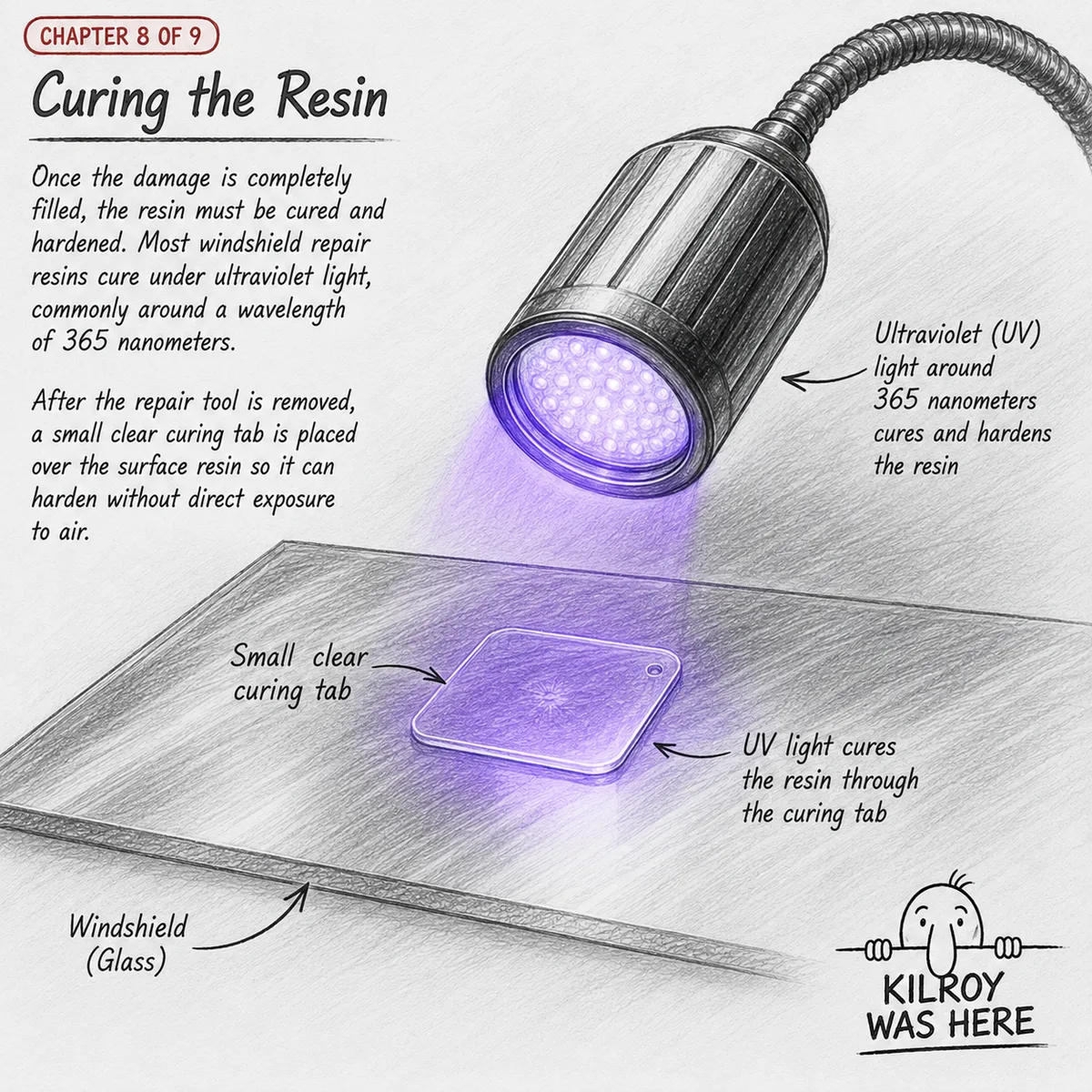 Curing windshield rock chip repair resin