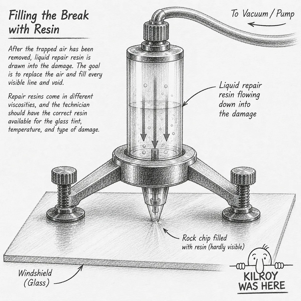 Filling a windshield rock chip with professional repair resin