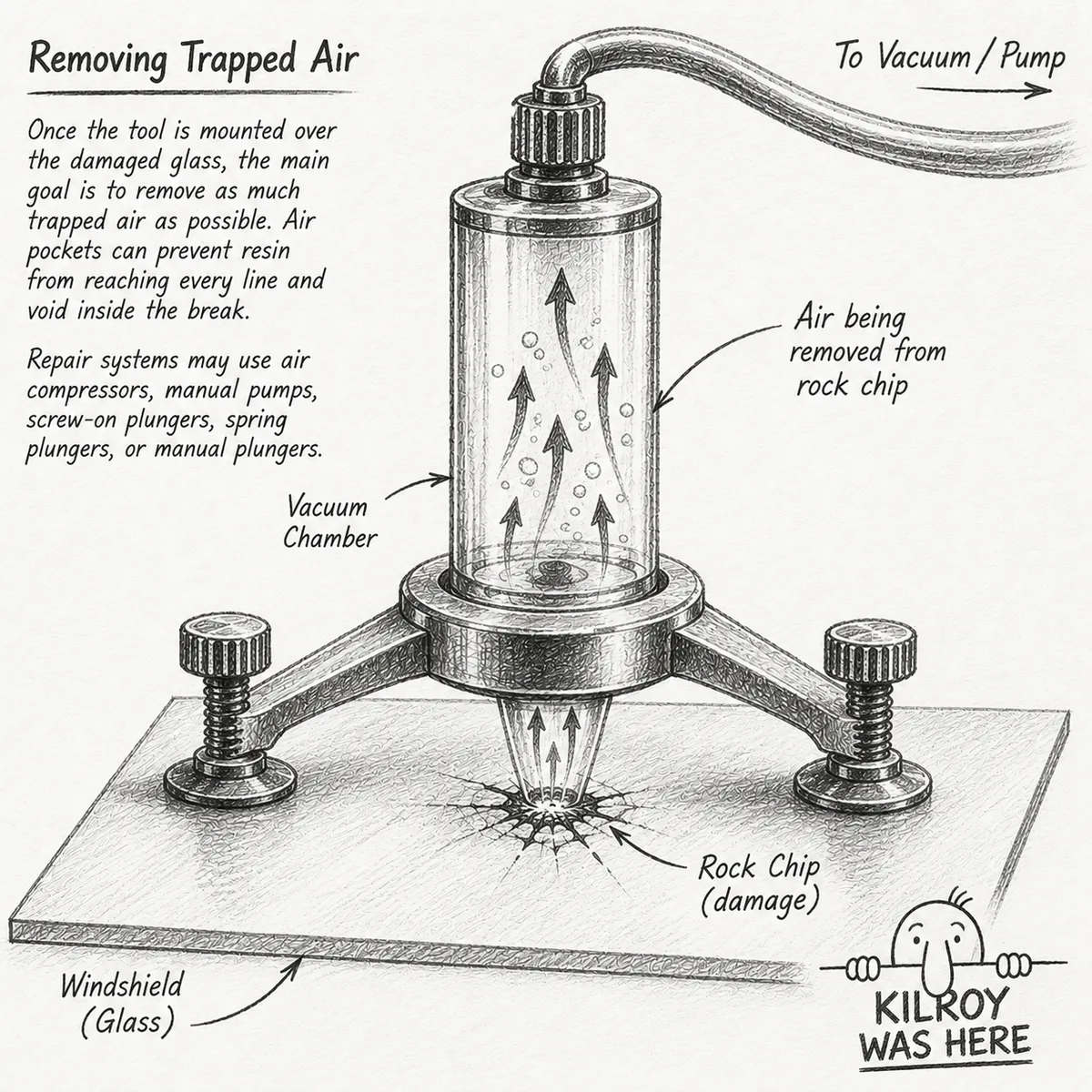 Removing trapped air during a windshield rock chip repair
